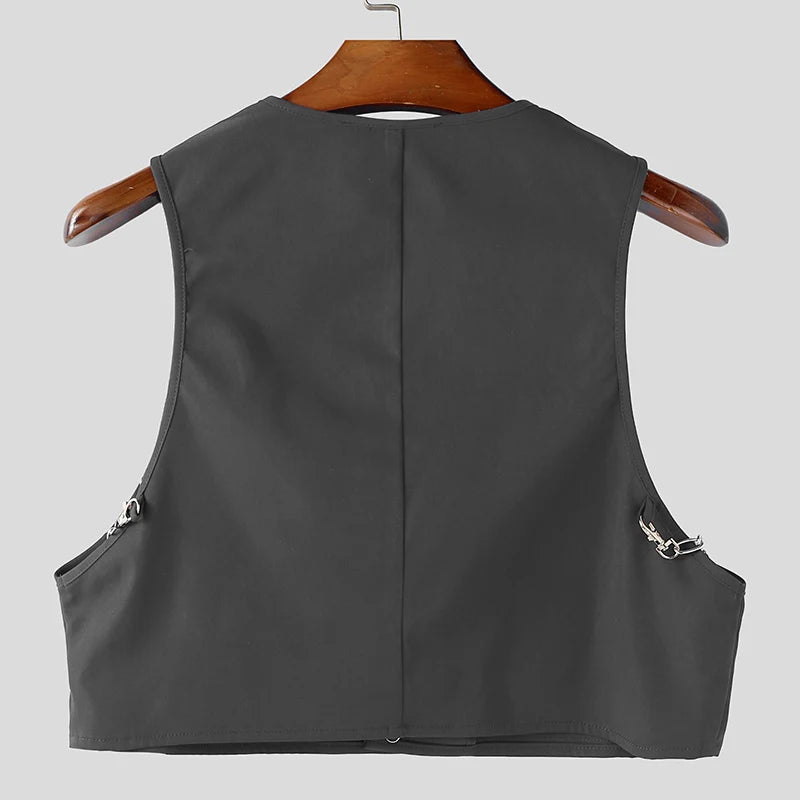 INCERUN Men Vests Solid Color Chain Decoration V Neck Sleeveless Crop Tops Men Streetwear Fashion Casual Male Waistcoats S-3XL