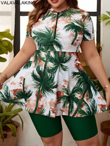 2026 Print 2 Piece Plus Size Tankini Women High Waist Large Big Swimsuit Short Sleeve Lady Swimwear Chubby Curvy Bathing Suit
