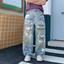 2026 New Street Graffiti Ripped Painted Jeans for Men, Straight Loose Wide-Leg Trendy Brand, Cool and High-End