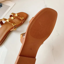 Women Soft Leather Stud Flat Shoes Open Toe Summer Black White Brown Slippers Seam Retro Leisure Slides EU34-43 Big Gold Rivets