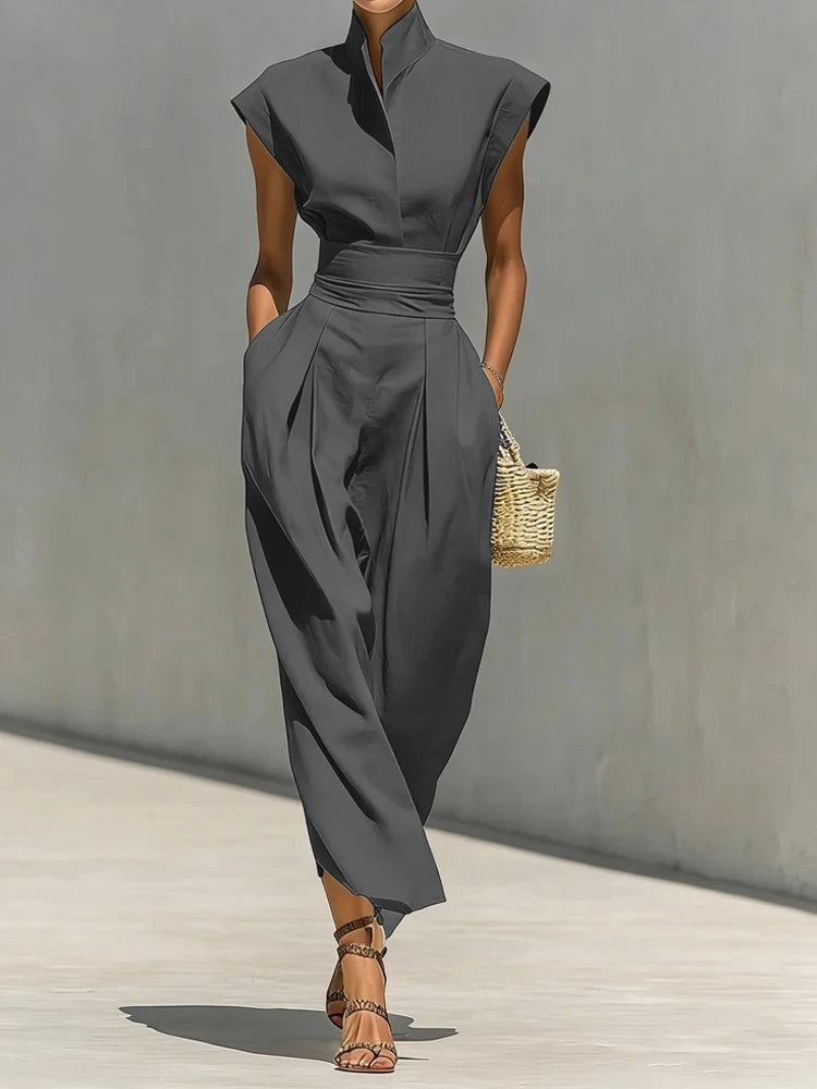 Summer New High Waist Pocket Dress Elegant Lady Slim Pleated Midi Dresses Fashion Solid Stand Collar Sleeveless Commuting Dress