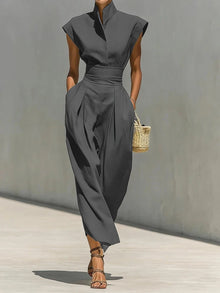 Summer New High Waist Pocket Dress Elegant Lady Slim Pleated Midi Dresses Fashion Solid Stand Collar Sleeveless Commuting Dress