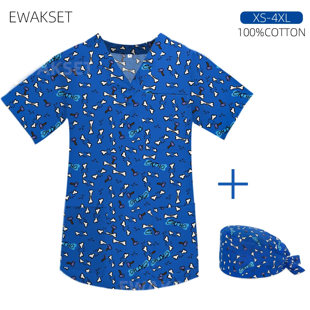 Women men Cartoon X-ray Surgical Tops pure Cotton Short Sleeve Medical Uniform Hospital Clinic Scrubs Blouse orthopedics Clothes