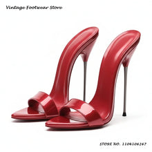 Black Patent Leather Metal Stiletto Mules 16cm Pointed Open Toe Thin Heels Plus Size Shoes Women's Summer Pull On Party Slippers