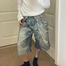 3D Candy Chain Print Baggy Jeans Shorts for Men Streetwear Summer Wide Leg Patchwork Casual Loose Knee Length Pants Oversized