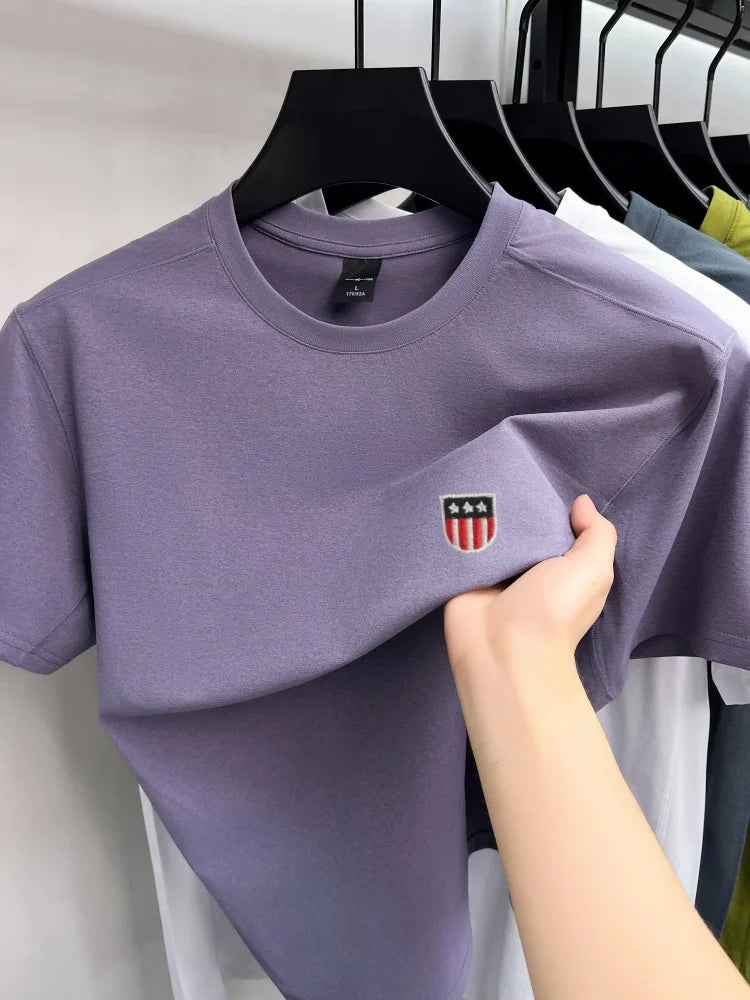 High end ice silk short sleeve T-shirt men's fashion luxury brand exquisite embroidery design, summer breathable round neck top