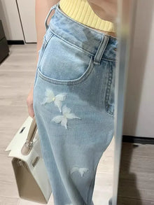 Y2K Vintage Butterfly Print Jeans for Women Straight  Wide Leg Baggy High Waist Denim Pants Korean Streetwear Aesthetic 90s Vibe