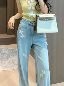 Y2K Vintage Butterfly Print Jeans for Women Straight  Wide Leg Baggy High Waist Denim Pants Korean Streetwear Aesthetic 90s Vibe