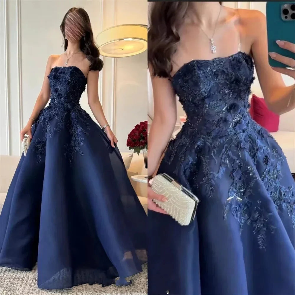 2026Navy Lace Strapless 3D Flowers A Line Prom Gown Strapless Floor Length Applique Elegant Sleeveless Evening Dres Party Dress