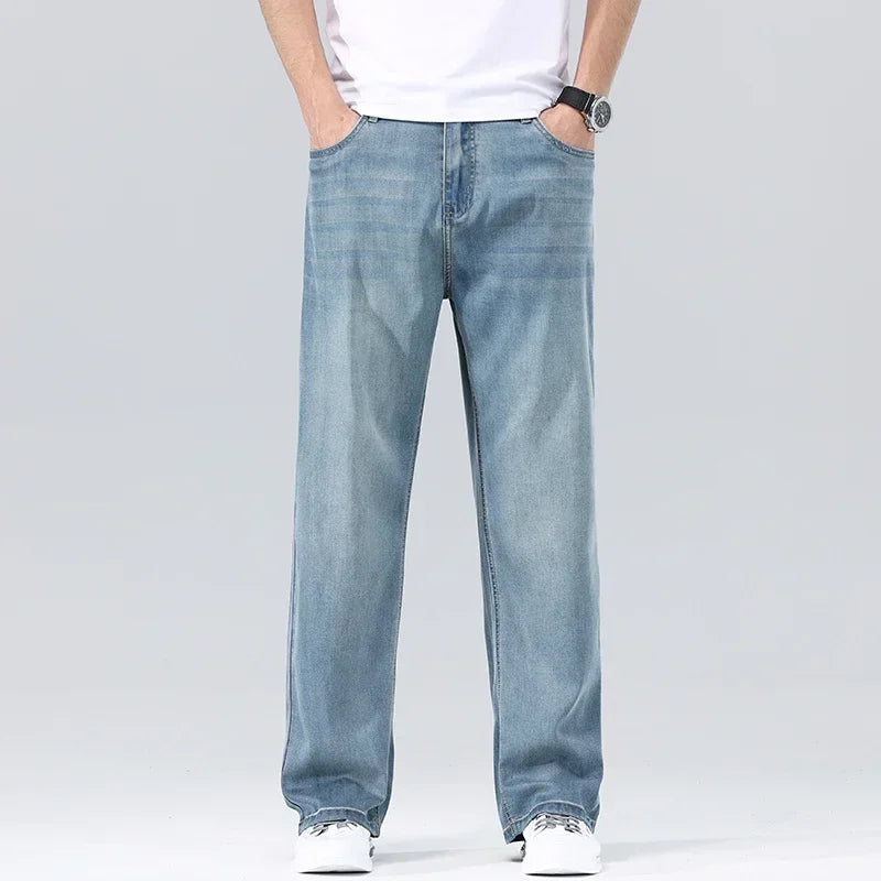 Men's Loose Jeans Summer Fashion Drape Soft Fabric Ultra Thin Pants Wide Legs Ice Silk Lyocell Business Straight Denim Trousers