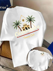T-shirt pour homme en coton premium 100 % doux avec motif palmier et bâtiment marocain, parfait pour un style décontracté tropical estival