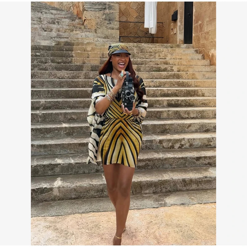 Holiday Loose Striped Mini Dress Women Round Neck Batwing Sleeve Lace Up Chic Dresses Female 2026 Summer Vacation Beach Robes