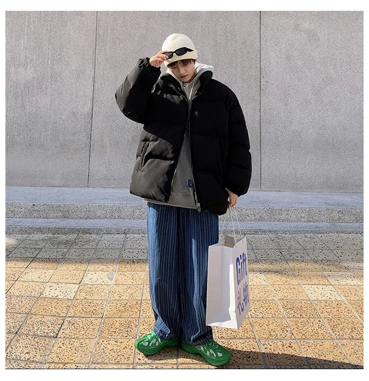 Streetwear Harajuku Warm Men's Winter Coat Solid Color Casual Parka Stand Collar Fashion Oversize Women's Winter Jacket