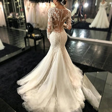 Long Sleeve Mermaid Wedding Dresses Sheer V Neck Lace Appliques Illusion Back Bridal Gown Sweep Train Tulle Vestido De Novia