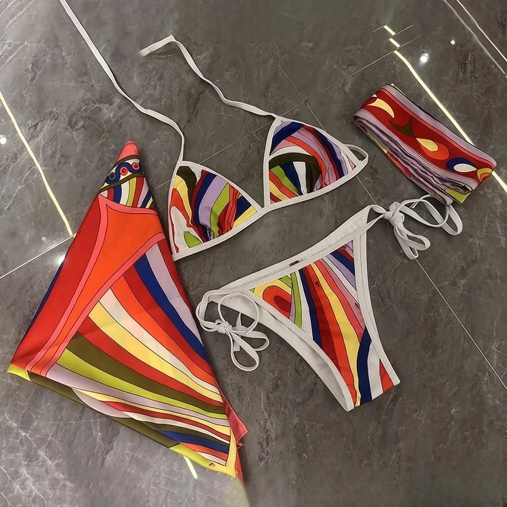 2026 Fashion Design Women's Red Scarf Sling Swimsuits Classic Brand Lady Scarf Bikini Sets with Letter Signature Logo