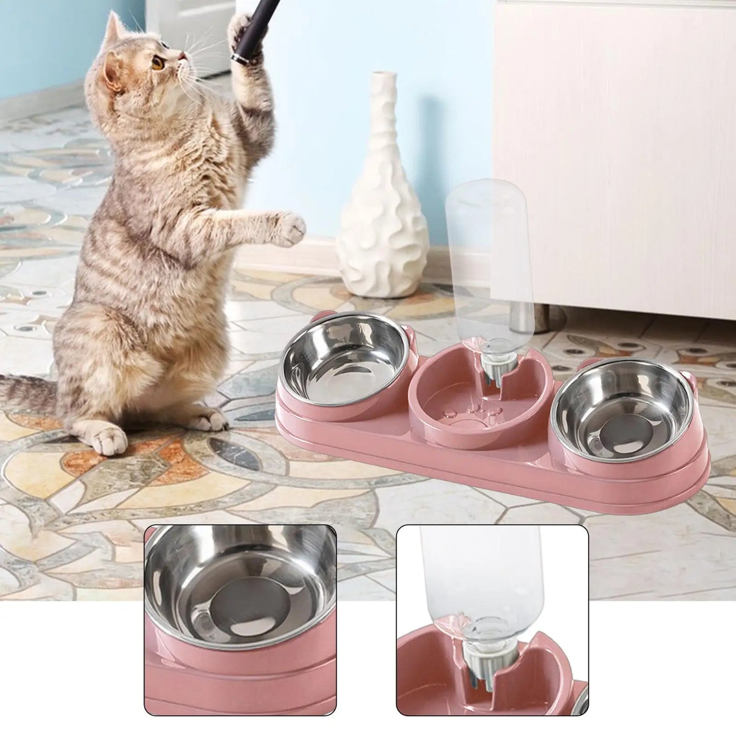 Triple Cat Bowl, Pet Food And Water Bowl, Tilted at 15°, 3 in 1, for Wet And