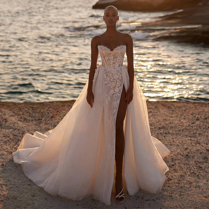 Charming V-neck Lace Applique Bridal Grown A Line Wedding Dresses Side Slit Sweep Train Custom Made 2025 Vestido De Noival;