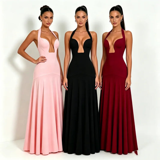 2026 NEW Summer Women Halter Front Cut Out V Neck Bodycon Maxi Dress Sleeveless Sexy Elegant Club Evening Party Long Dress