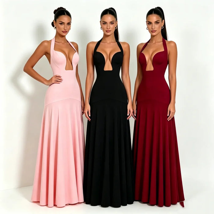 2026 NEW Summer Women Halter Front Cut Out V Neck Bodycon Maxi Dress Sleeveless Sexy Elegant Club Evening Party Long Dress
