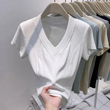 Slim Fit Pure Cotton Short Sleeve V Neck Top Korean Style