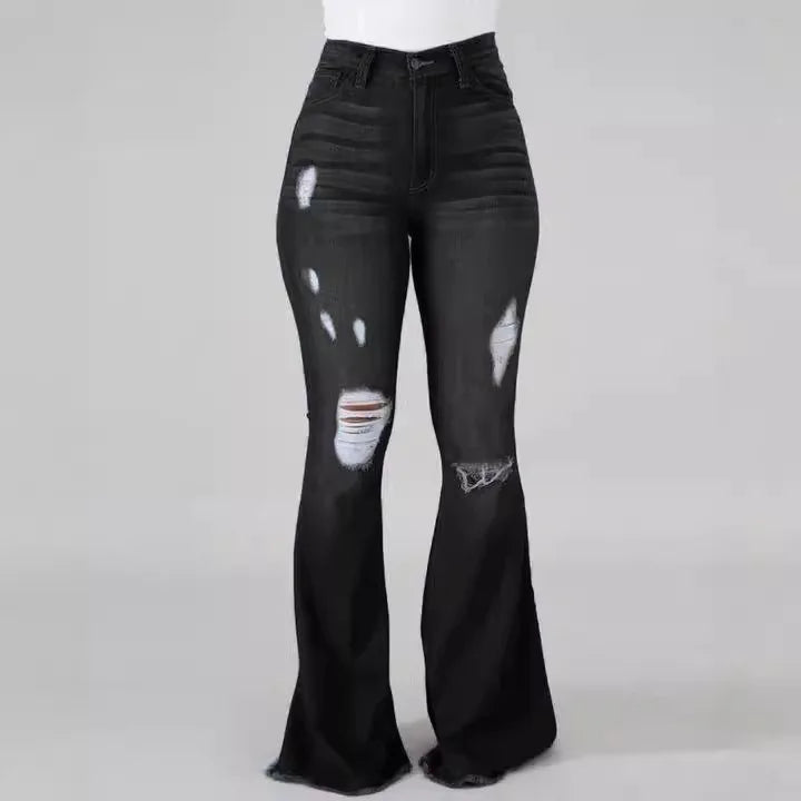 Spring and autumn Women's Blue Ripped Flared Jeans, Black Stretch Denim Pants, Stylish Casual Trousers.