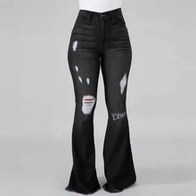 Spring and autumn Women's Blue Ripped Flared Jeans, Black Stretch Denim Pants, Stylish Casual Trousers.