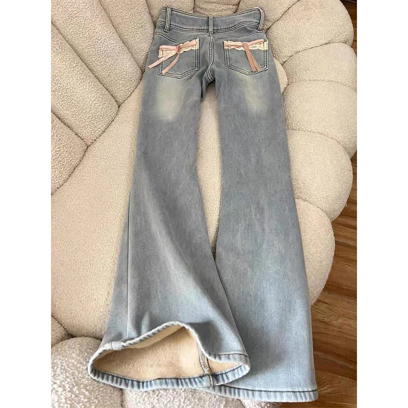 Y2K Fleece Flare Jeans Women Harajuku Streetwear Lace Bow Denim Pants Winter Fashion Sweet Cute High Waist Slim Design Trousers