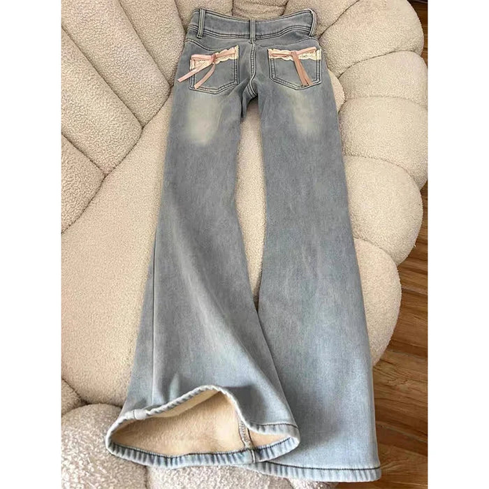 Jean évasé en jean style Y2K avec polaire pour femmes, streetwear Harajuku, pantalon en jean avec nœud en dentelle, mode hiver, taille haute, coupe ajustée, mignon et adorable
