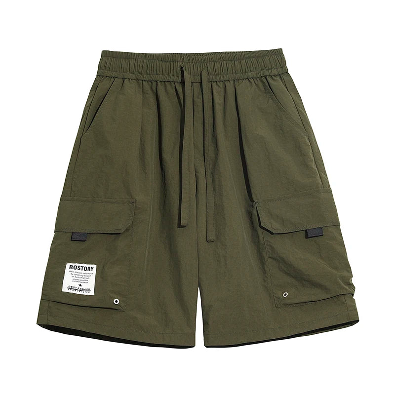 Men's High Street Cargo Shorts Lightweight Breathable Solid Color Drawstring Waist Big Pockets Shorts Casual Summer Short Pants