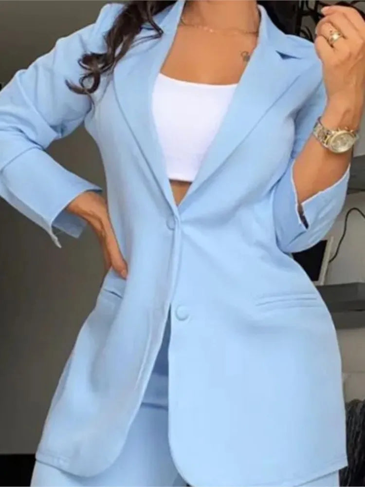 Woman Elegant Blazer Sets New Autumn Fashion Women's Notched Collar Coat + Pocket Design Pants Set Work Commuting Two Piece Suit