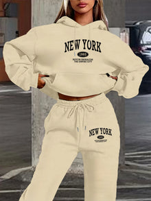 New York Print Two piece Set Casual Kangaroo Women's Casual Fashion Round Neck Sweatshirt, Solid Color Long Sleeves Sweatshirt,