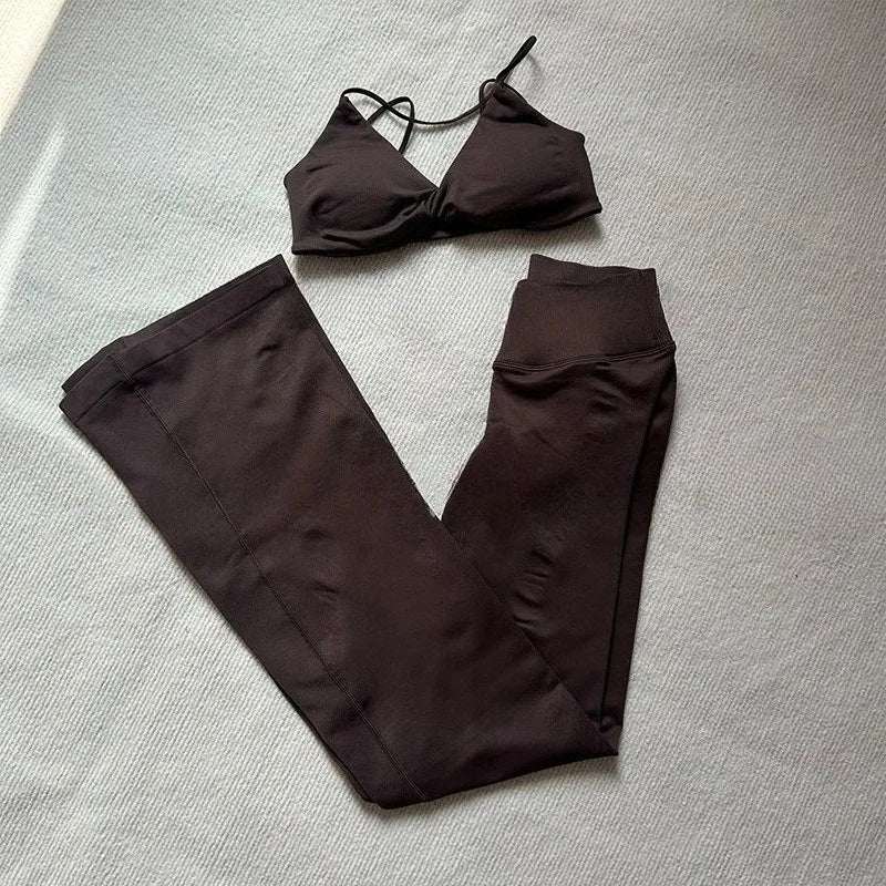 NO LOGO 2 Pieces Flared Legging Set Women Twist Front Sports vest Top Wide Leg Yoga Pants Seamless Yoga Set Tracksuits Workout