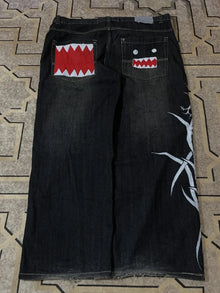 Y2k Wash Dark Baggy Jeans Men Shark Mouth Pocket Print White Tribal Flame Side Graphic Wide Leg Harajuku Hip Hop Denim Trousers