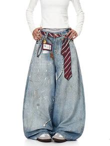 Women's Distressed Denim Wide Leg Jeans Y2K Grunge Style Tie & Pearl Chain Printing High Waist Casual Streetwear Trousers