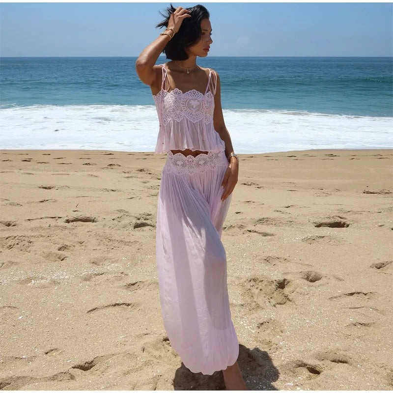 Light Blue Halter Neck Pleated Mini Dress Lady Sleeveless High Waist Hollow Lace Short Vestidos Summer Women's Vacation Outfit