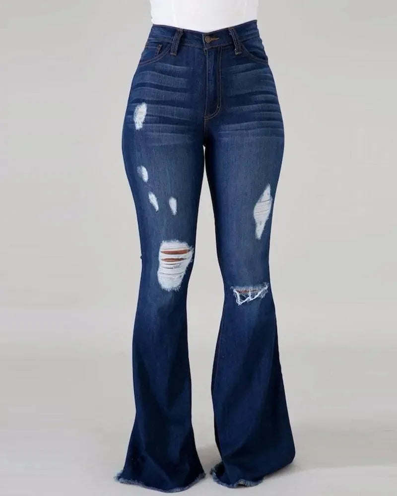 Spring and autumn Women's Blue Ripped Flared Jeans, Black Stretch Denim Pants, Stylish Casual Trousers.