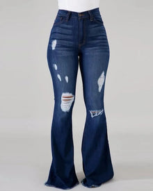 Spring and autumn Women's Blue Ripped Flared Jeans, Black Stretch Denim Pants, Stylish Casual Trousers.