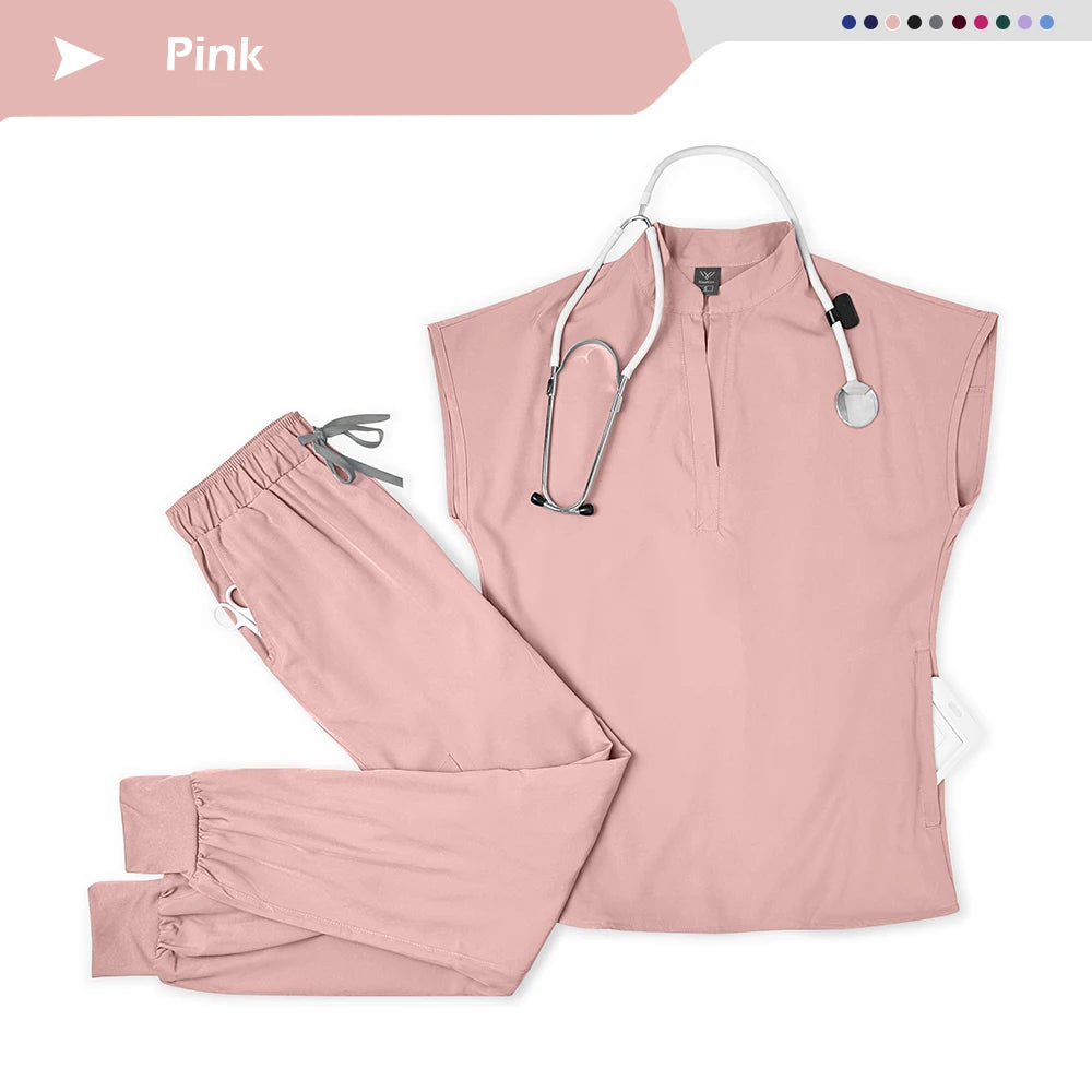 Wholesale Medical Scrub Set Spandex Stretch Nurse Scrub Beauty Spa Uniform Healthcare Nursing Pharmacy Lab Coat Clinical Uniform