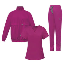 Female Loose Comfy V-neck Short Sleeved Top and Trousers and Coat Three Piece Workwear Solid Fall Winter Nurse Caring Clothes