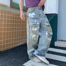 2026 New Street Graffiti Ripped Painted Jeans for Men, Straight Loose Wide-Leg Trendy Brand, Cool and High-End
