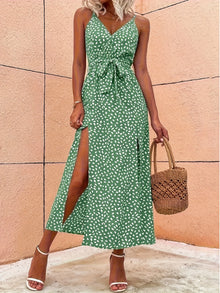 Elegant Ladies Spotted Print Split-Design Halter Dress with Waist-Cinching Feature Fashionable Women's Summer Dress