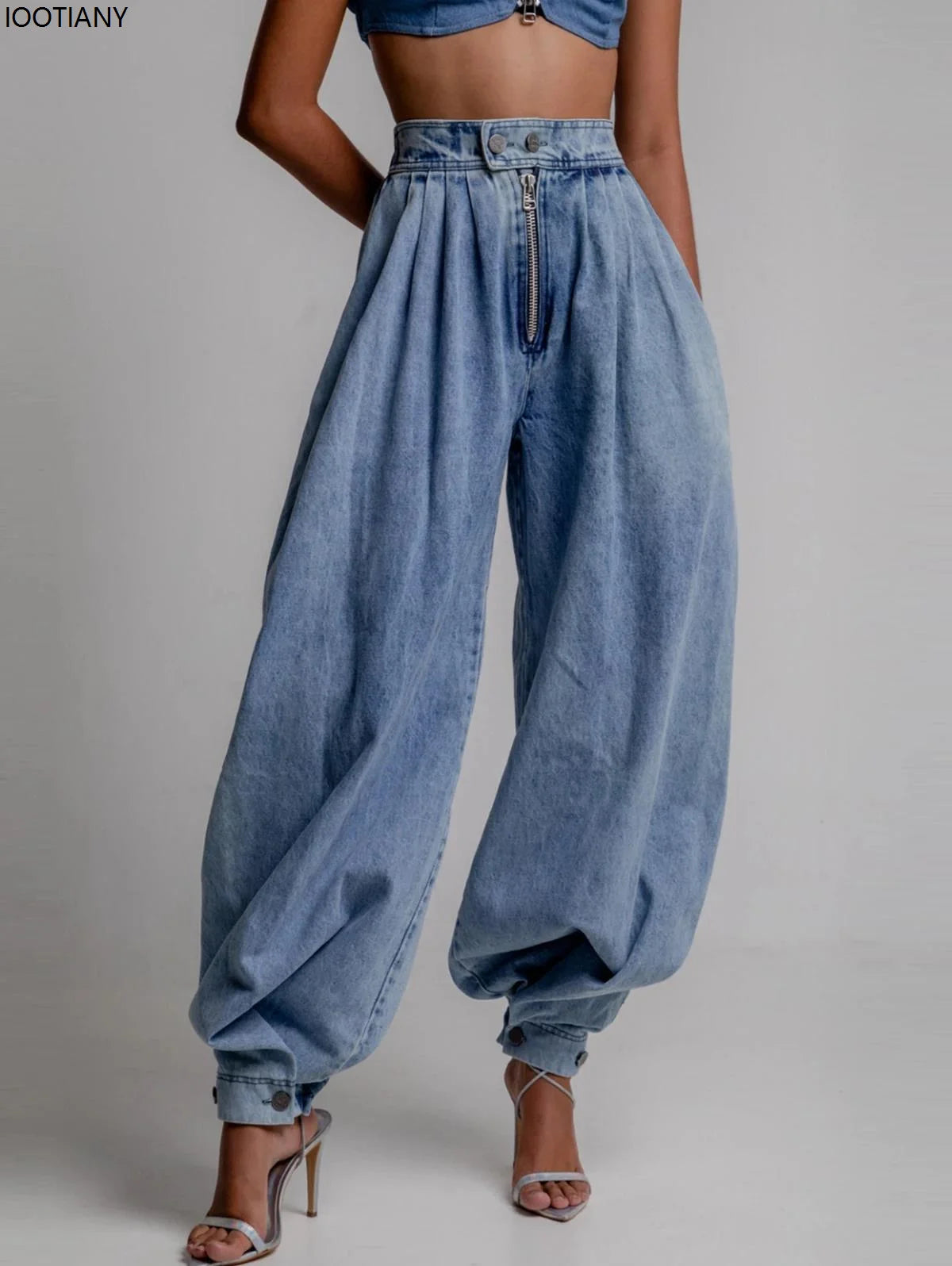 IOOTIANY Women's Spring High Waist Zipper Denim Loose Harem Pants Jeans Women's Retro Bloomers Ladies Casual Workwear Jeans 2025