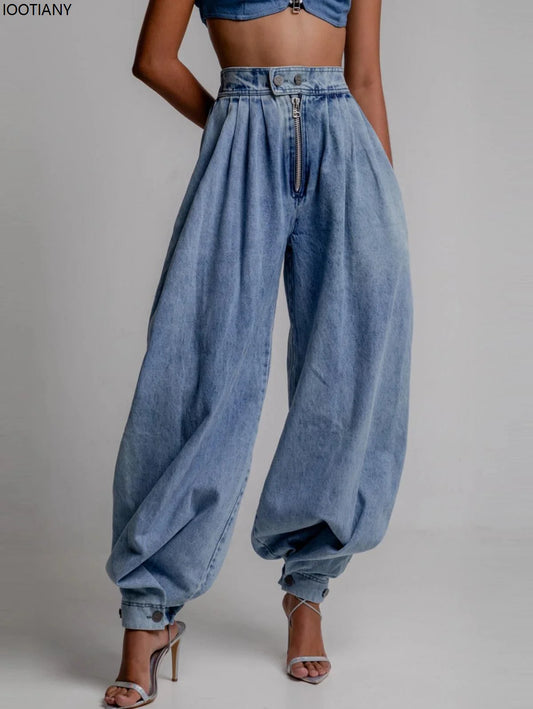 IOOTIANY Women's Spring High Waist Zipper Denim Loose Harem Pants Jeans Women's Retro Bloomers Ladies Casual Workwear Jeans 2025