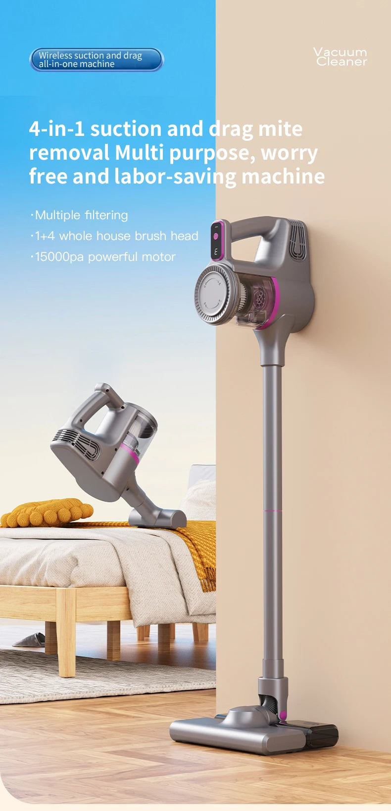 Cordless Vacuum Cleaner 15000Pa Strong Suction Stick Handheld 2 in 1 Lightweight for Carpet Hardwood Floor Pet Hair Car Cleaning