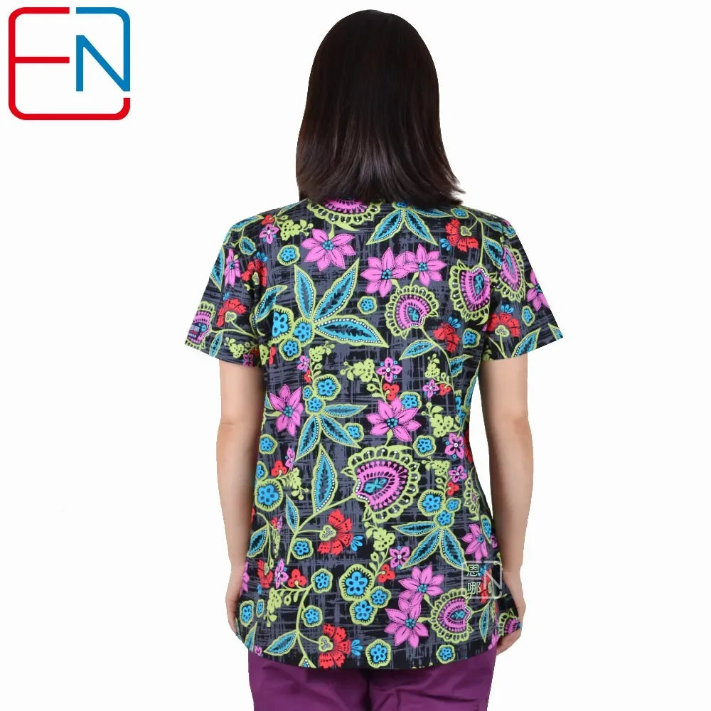 Hennar Print Vet Scrub Uniform For Women In 100% Cotton 4 pockets,XXS-5XL Pet Doctors Medical Scrub Tops