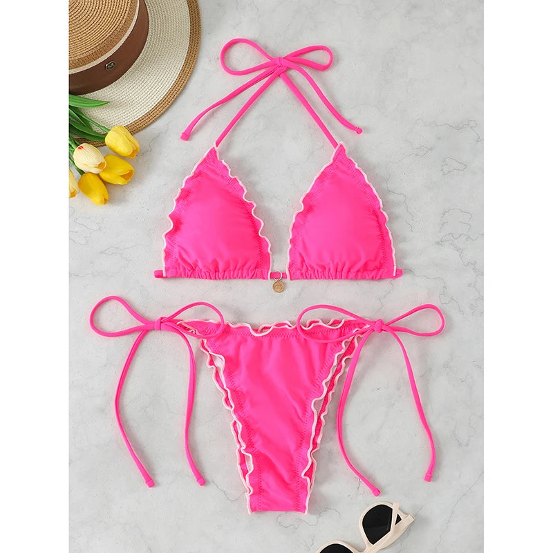 Triangle Bikini Set For Women Lace Up Two Piece Swimwear