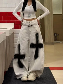 Subculture High Street Y2k Jeans Vintage Loose Pockets Pants Mid Waist Button Full Length Graffiti Chic Denim Pants New Harajuku