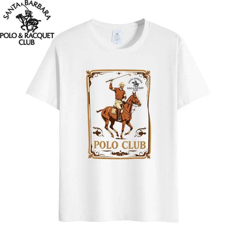 Santa Barbara Polo & Racquet Club Men's T-shirt Vintage Polo Player Print 100% Cotton Casual O-Neck Tee