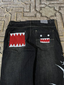 Y2k Wash Dark Baggy Jeans Men Shark Mouth Pocket Print White Tribal Flame Side Graphic Wide Leg Harajuku Hip Hop Denim Trousers