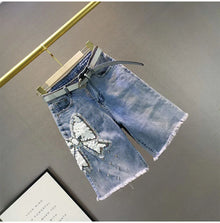 Ladies' Beaded and Sequined Denim Cropped Pants, New Summer Style, Raw-edge Straight-cut, Slim-fitting, Versatile Shorts
